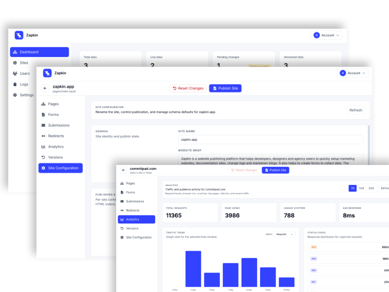 Analytics charts and dashboard tools shown in a TailStatic interface