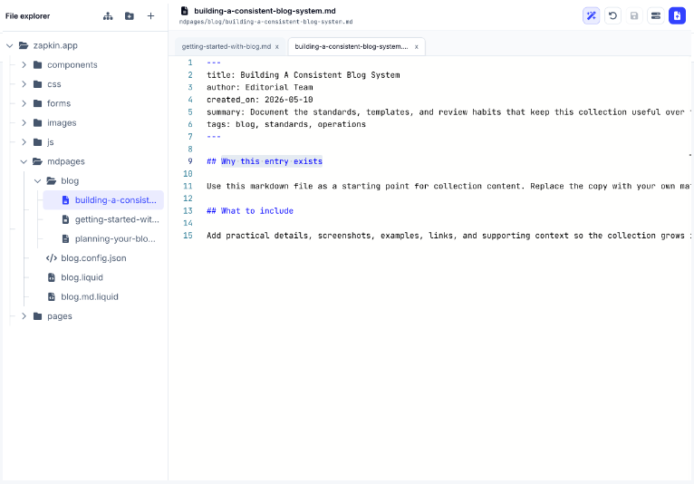 An image showing TailStatic's blogging tool that uses Markdown pages.