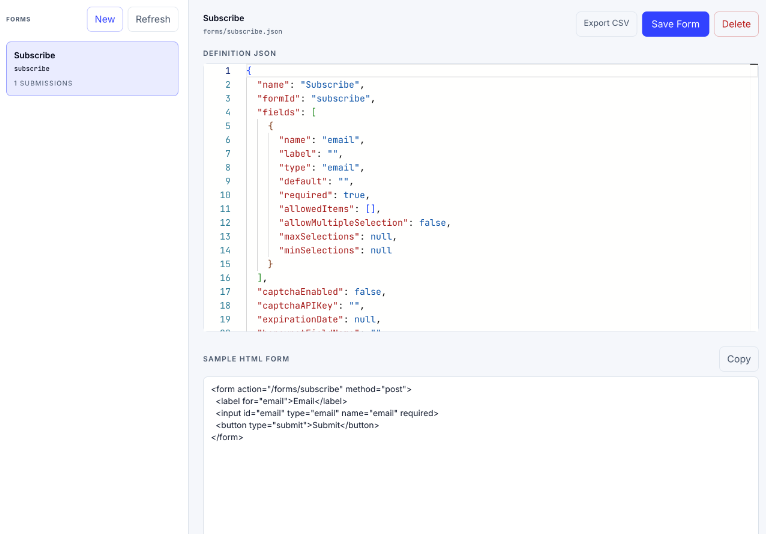 A JSON-based form builder interface with field settings and inputs