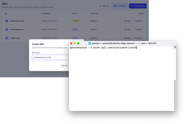 An image showing TailStatic site dashboard and docker pull terminal