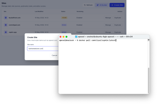 An image showing TailStatic site dashboard and docker pull terminal